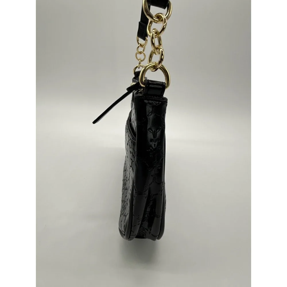 Nanette Lepore Black Embossed Logo Shoulder Bag Gold Chain Baguette Purse